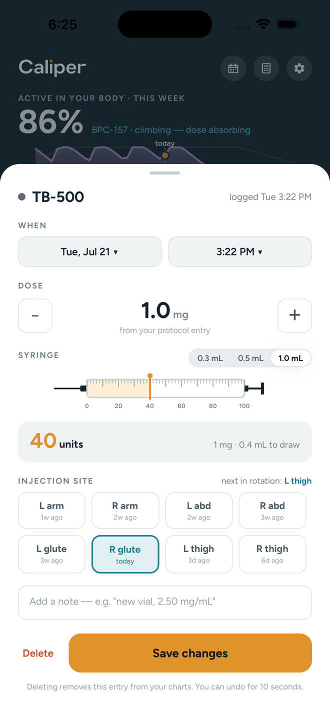 Caliper's dose screen: a syringe marked at 40 units with 0.4 mL to draw, and an injection-site rotation picker.